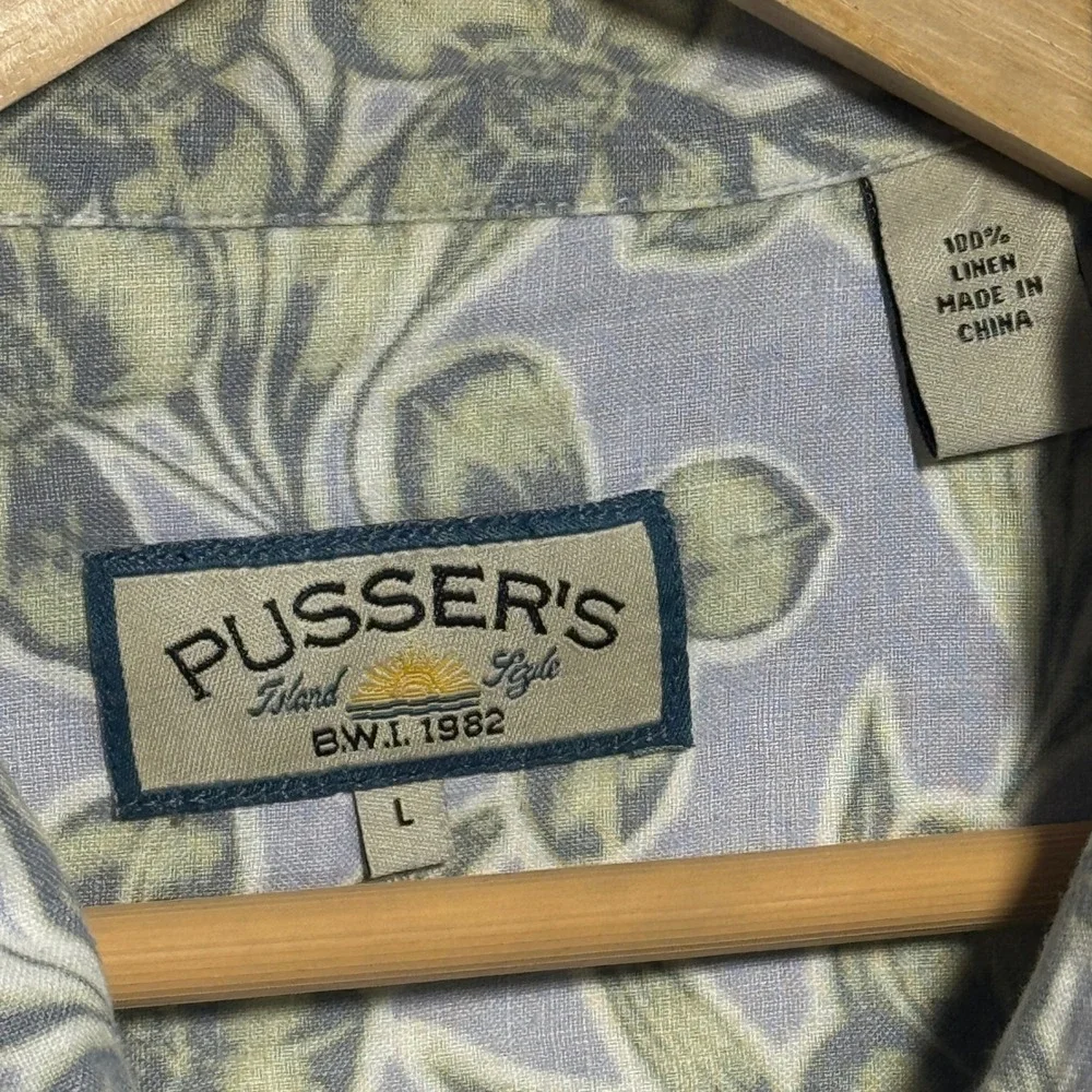 Pusser's Island Style Men Large Floral Linen Short Sleeve Button Up Shirt Blue